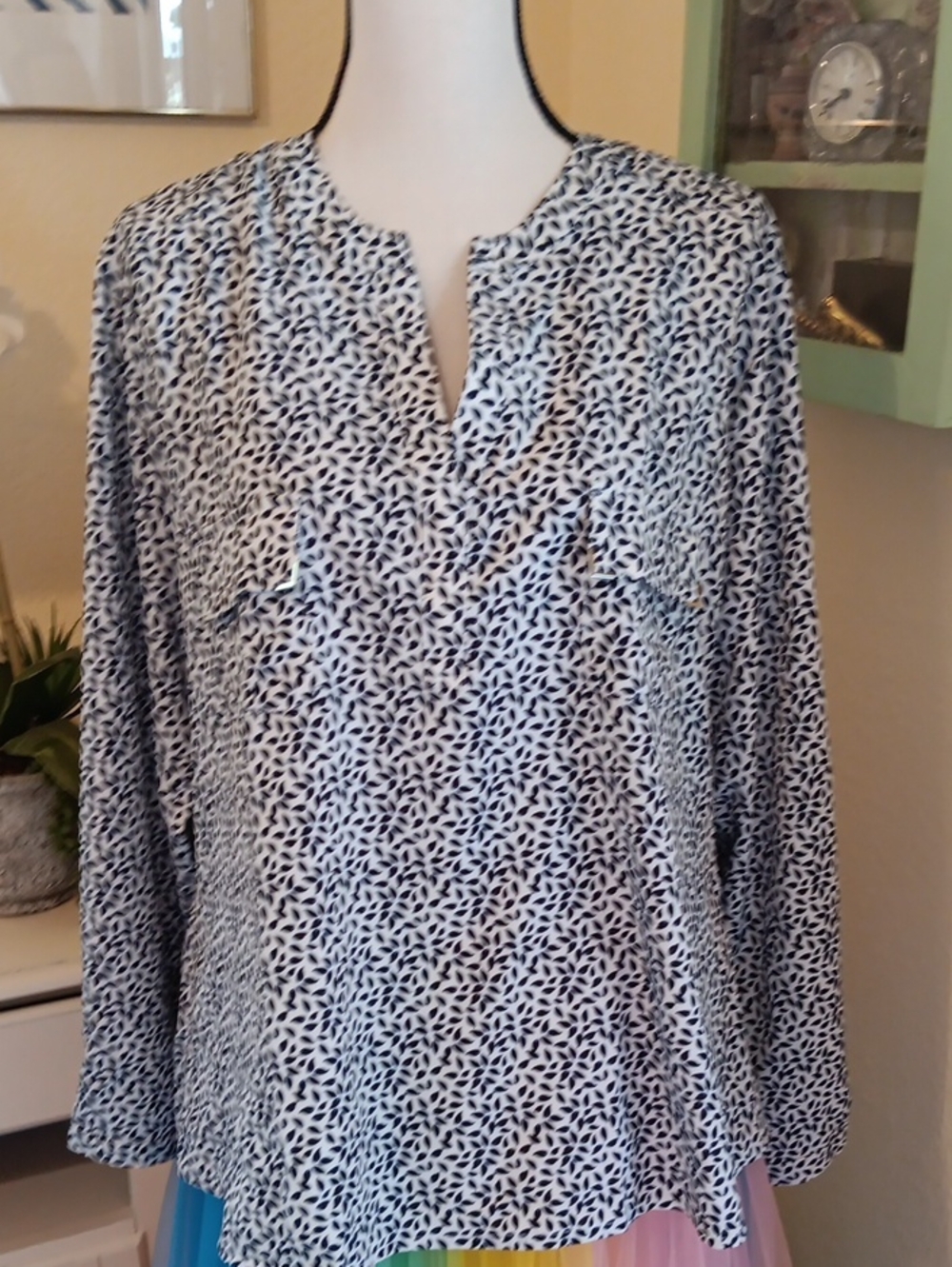 Appleseed's Petite Cream Top with Black Leaf Print
